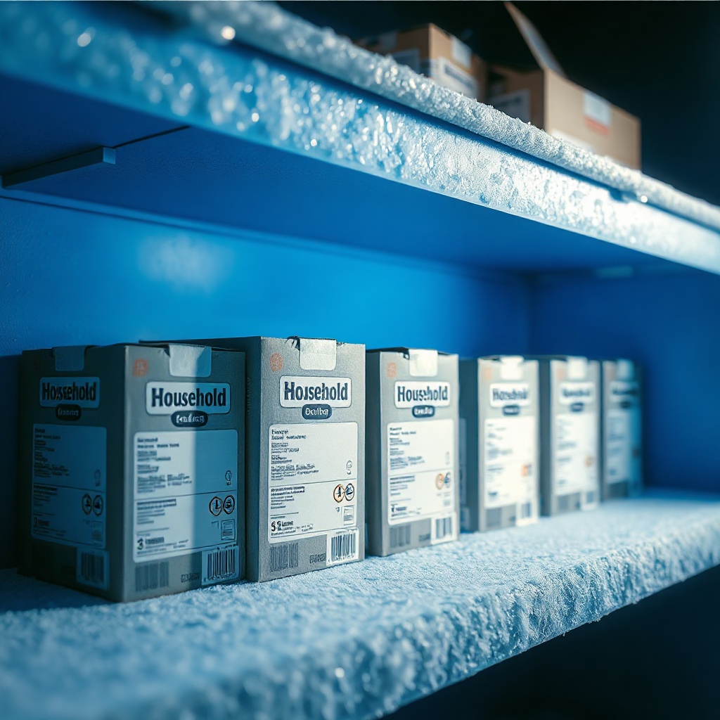 Labeled boxes on frosted shelf